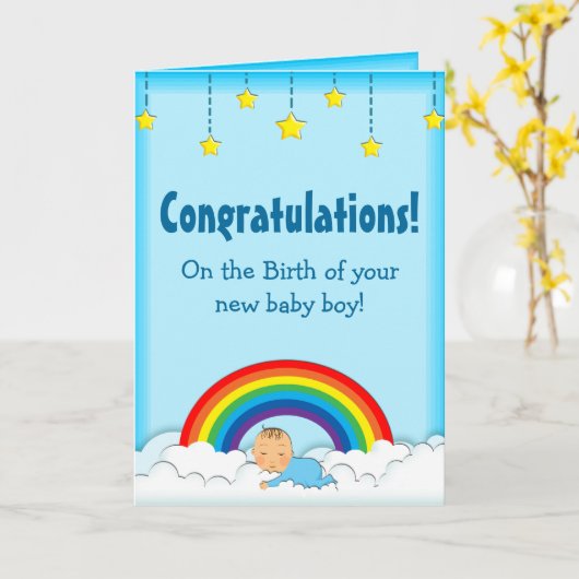 Gefeliciteerd Baby Boy regenboogkaart Kaart (Gele Bloem)