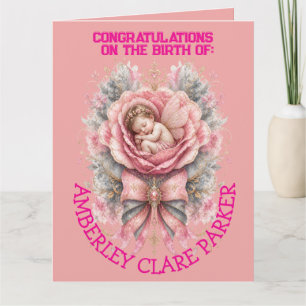 Gefeliciteerd Baby Fee meisje Roze Roos Geboorte Kaart