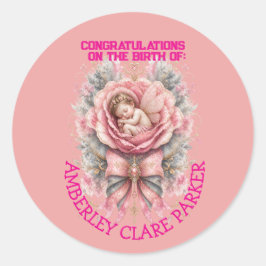 Gefeliciteerd Baby Fee meisje Roze Roos Geboorte Ronde Sticker