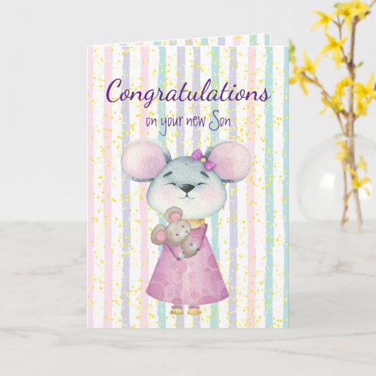 Gefeliciteerd Baby Fun Cute Mouse Animal Son Kaart (Gele Bloem)