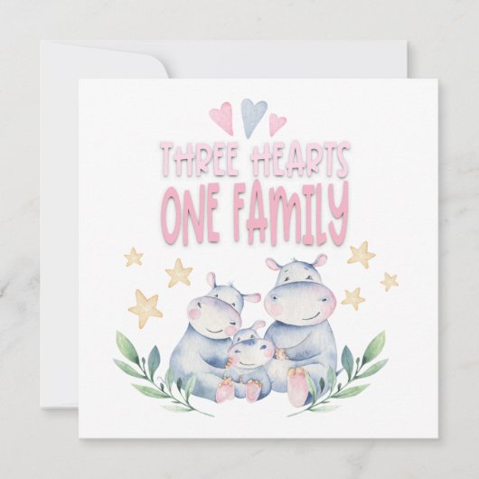 Gefeliciteerd, Baby Girl Cute Hippos Three Hearts (Voorkant)