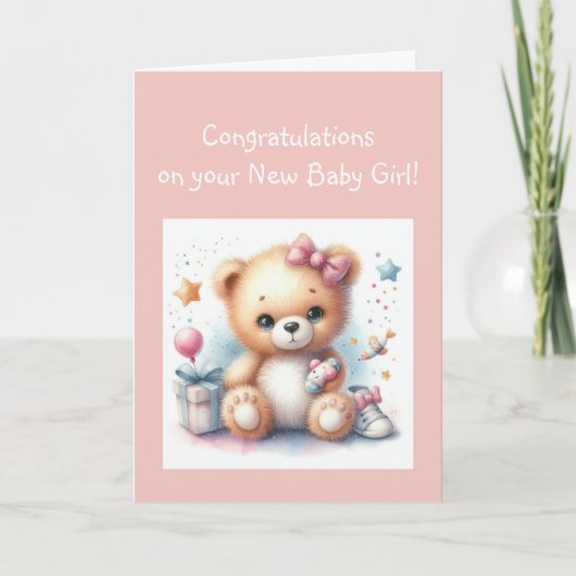 Gefeliciteerd Baby Girl Fun Teddy Bear Kaart (Voorkant)