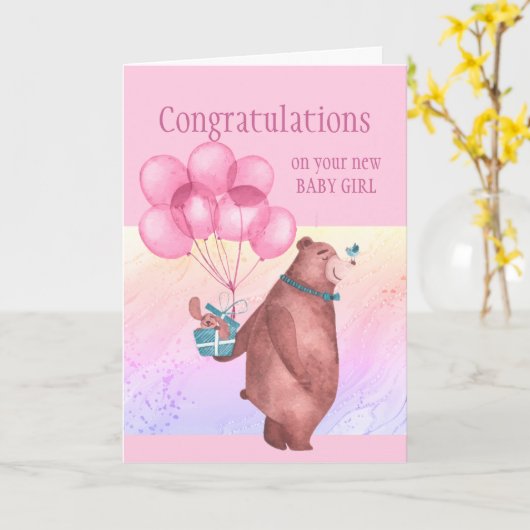 Gefeliciteerd, Baby Girl FunTeddy Beer Balloon Kaart (Gele Bloem)