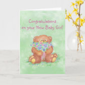 Gefeliciteerd, Baby Girl FunTeddy Beer Flowers Kaart (Gele Bloem)