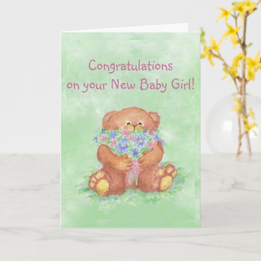 Gefeliciteerd, Baby Girl FunTeddy Beer Flowers Kaart (Gele Bloem)