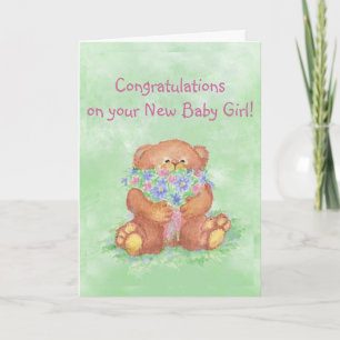 Gefeliciteerd, Baby Girl FunTeddy Beer Flowers Kaart
