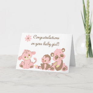 Gefeliciteerd, Baby Girl Nieuwe Dieren Noteer Roze Kaart