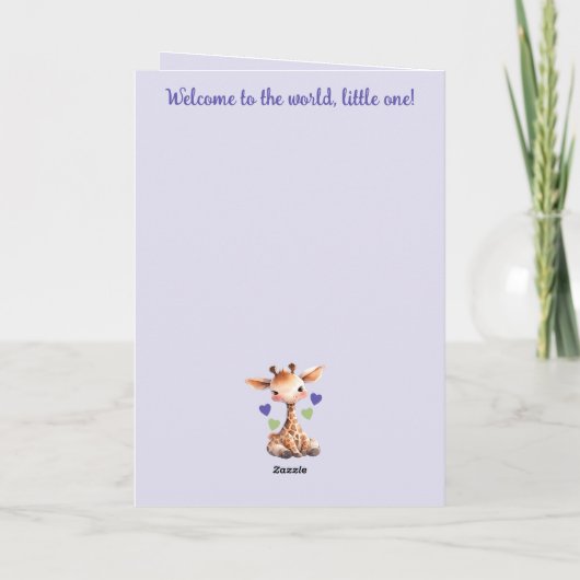 Gefeliciteerd baby meisje leuke giraffe paarse kaart (Achterkant)