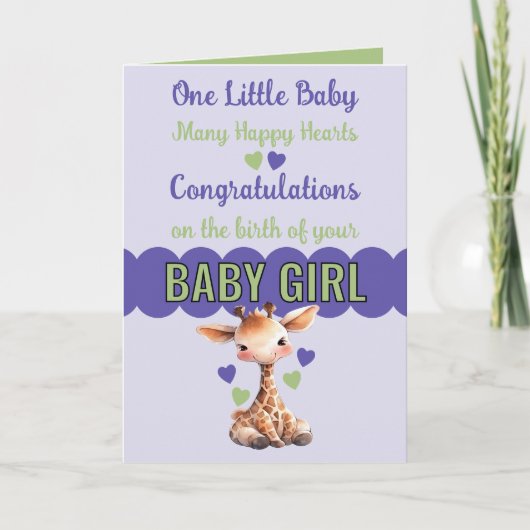 Gefeliciteerd baby meisje leuke giraffe paarse kaart (Voorkant)
