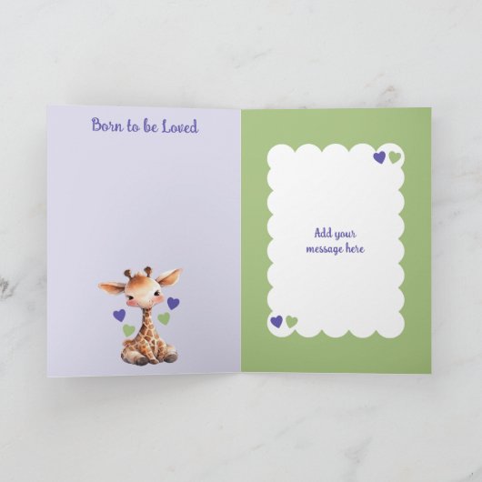 Gefeliciteerd baby meisje leuke giraffe paarse kaart (Binnen)