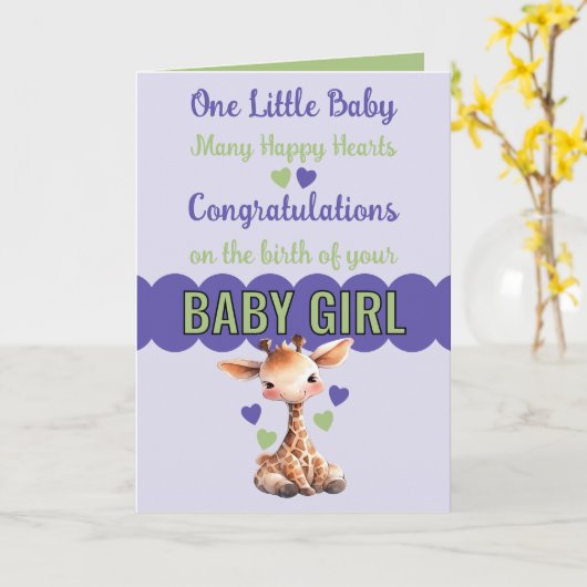 Gefeliciteerd baby meisje leuke giraffe paarse kaart (Gele Bloem)