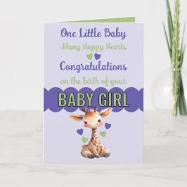 Gefeliciteerd baby meisje leuke giraffe paarse kaart