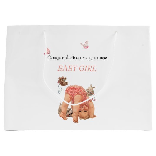 Gefeliciteerd Baby Meisje Roze Broekje Vlinders  Groot Cadeauzakje (Voorkant)