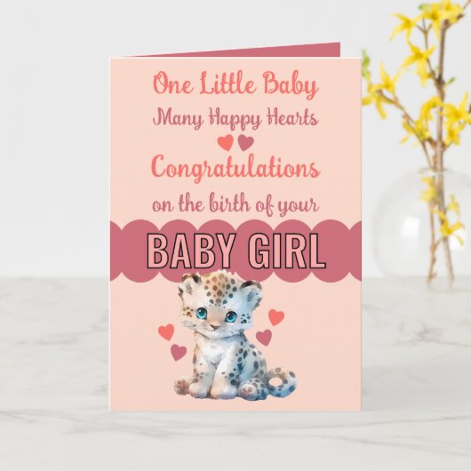Gefeliciteerd baby meisje schattig luipaard roze kaart (Gele Bloem)