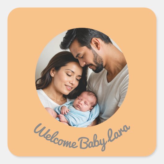 Gefeliciteerd baby peach welkomstfoto vierkante sticker (Voorkant)