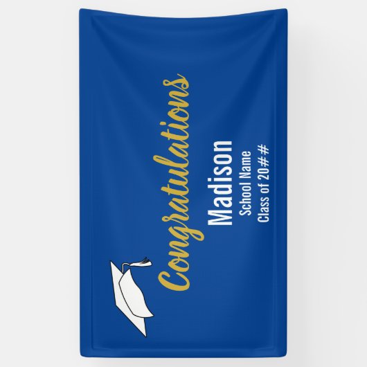 Gefeliciteerd Blauw en Wit Afstuderen Naam Spandoek (Verticaal)