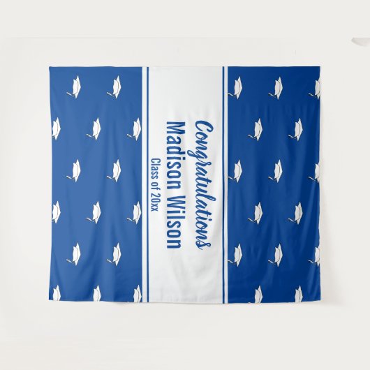 Gefeliciteerd Blauw en Wit Naam Afstuderen Wandkleed (Voorkant (horizontaal))