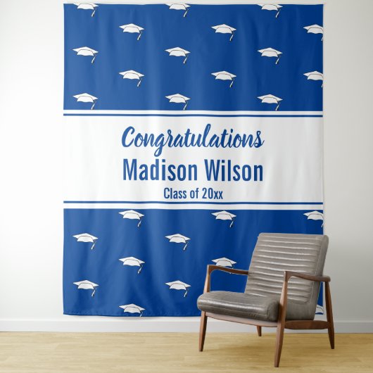 Gefeliciteerd Blauw en Wit Namensdiploma Wandkleed (In situ)