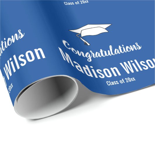 Gefeliciteerd Blauw Wit Afstudeerder Naam Afstuder Cadeaupapier (Rol Hoek)