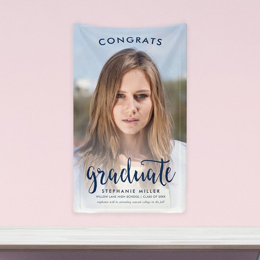 Gefeliciteerd Blauwe Script Foto Afstuderen Spandoek