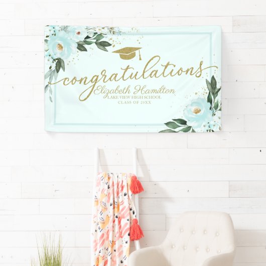 Gefeliciteerd Blauwgroen Bloemen Afstudeerfeest Spandoek (Insitu)