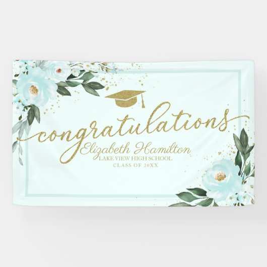 Gefeliciteerd Blauwgroen Bloemen Afstudeerfeest Spandoek (Horizontaal)