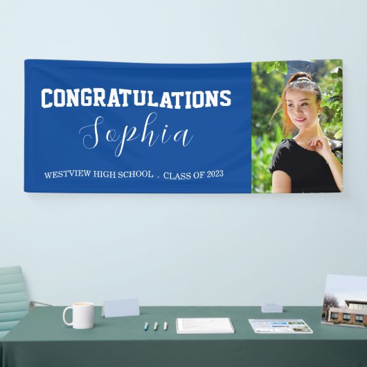 Gefeliciteerd Blue Afstuderen Party Foto Spandoek (Beurs)