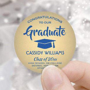 Gefeliciteerd, Blue en Gold Faux Folie Afstuderen Ronde Sticker