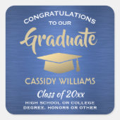 Gefeliciteerd Blue Gold White Modern Afstuderen Vierkante Sticker (Voorkant)