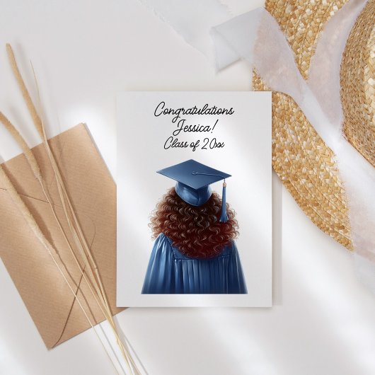 Gefeliciteerd Brunette Vrouw Afstuderen in Blauw Bedankkaart