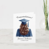Gefeliciteerd Brunette Vrouw Afstuderen in Blauw Bedankkaart (Voorkant)