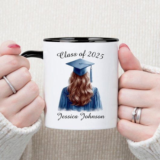 Gefeliciteerd Brunette Vrouw Afstuderen in Blauw Mok