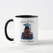 Gefeliciteerd Brunette Vrouw Afstuderen in Blauw Mok (Links)
