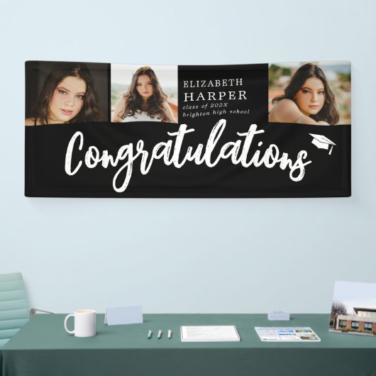 Gefeliciteerd Brush Script 3 Foto Afstuderen Spandoek (Beurs)