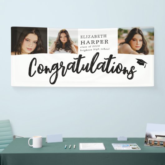 Gefeliciteerd Brush Script 3 Foto Afstuderen Spandoek (Beurs)