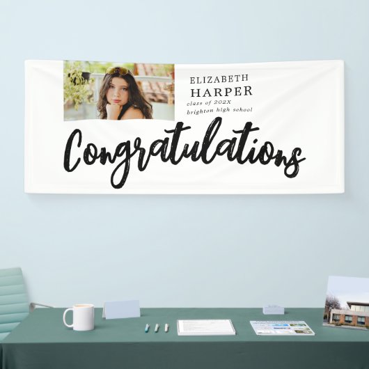 Gefeliciteerd Brush Script Foto Afstuderen Spandoek (Beurs)