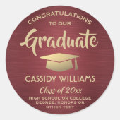 Gefeliciteerd Burgundy Rood en Goud Afstuderen Ronde Sticker (Voorkant)