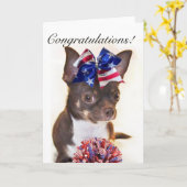 Gefeliciteerd Cheerleader chihuahua hond kaart (Gele Bloem)