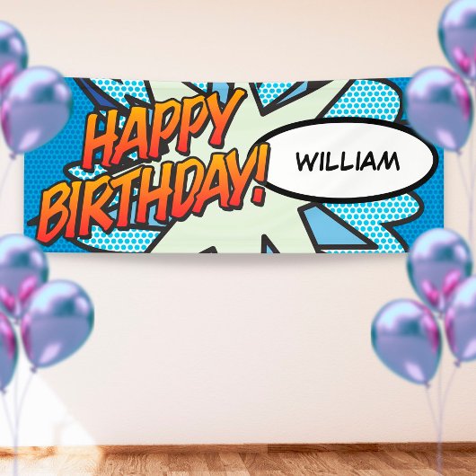 GEFELICITEERD Comic Book Pop Art Blauw Spandoek