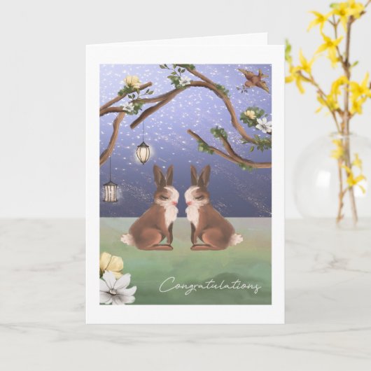 Gefeliciteerd Cute Bunny Rabbit Gay Couple Kaart (Gele Bloem)