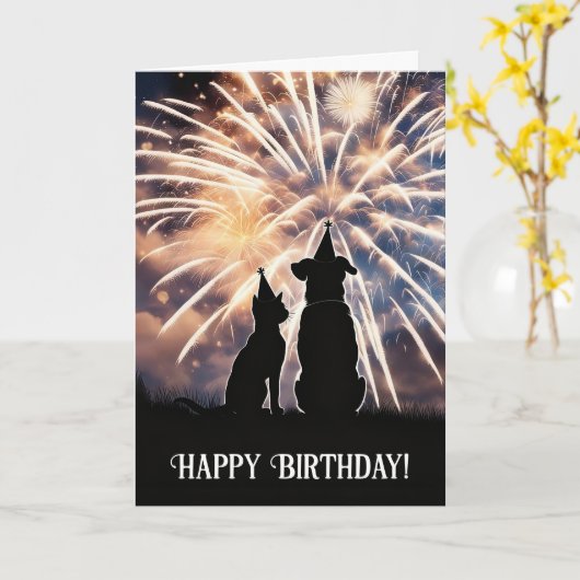 Gefeliciteerd Cute Cat Dog Vuurwerk Kaart (Gele Bloem)