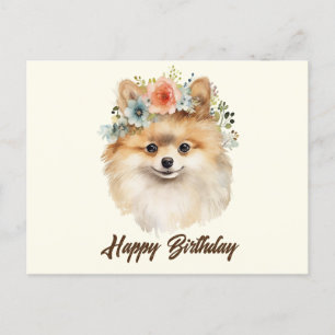 Gefeliciteerd Cute Pomeranian Hond met Bloemen  Briefkaart