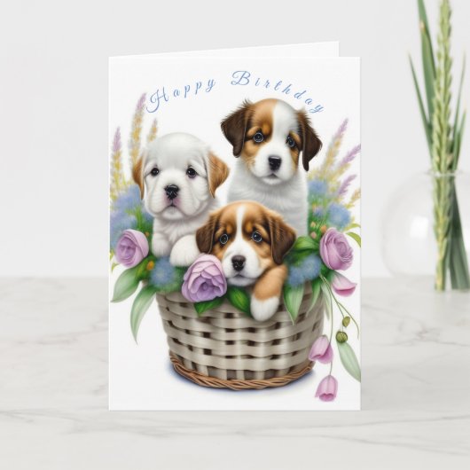 Gefeliciteerd Cute Puppies in Bloemenmand Kaart (Voorkant)