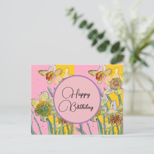 Gefeliciteerd Daffodil bloem Roze Ansichtkaart Briefkaart (Staand voorkant)