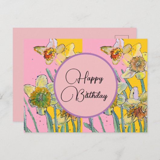 Gefeliciteerd Daffodil bloem Roze Ansichtkaart Briefkaart (Voorkant / Achterkant)