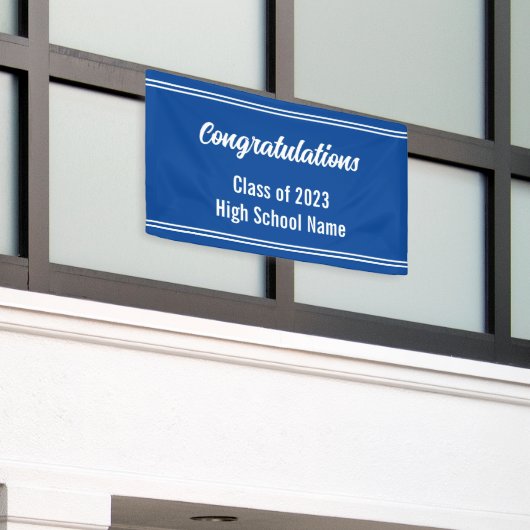 Gefeliciteerd Deep Blue en White High School Spandoek (Buitenkant Gebouw)