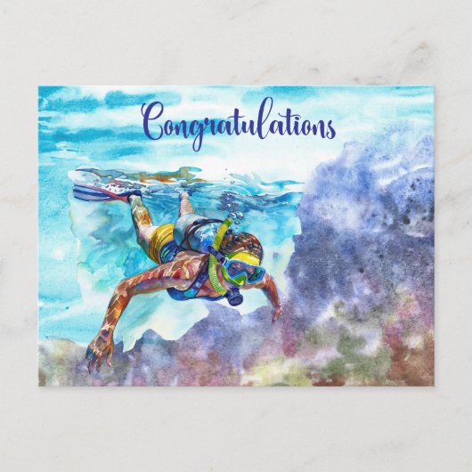 Gefeliciteerd duiker duiken onder de zee briefkaart (Voorkant)