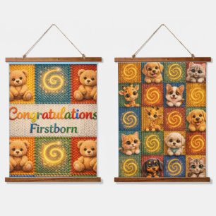 Gefeliciteerd, eerstgeboren en knuffelige dieren g hangend wandkleed