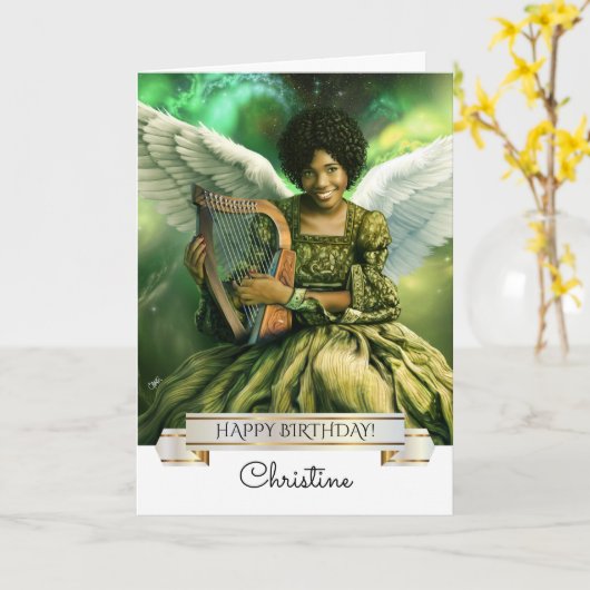 Gefeliciteerd. Engel met harp, aangepaste naam Kaart (Gele Bloem)
