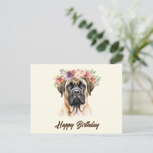 Gefeliciteerd Engelse Mastiff Hond met Bloemen  Briefkaart (Staand voorkant)